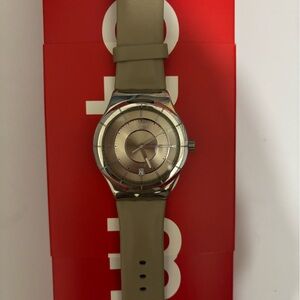Swatch Taupe-Beige Leather Strap Watch with Silver Case
